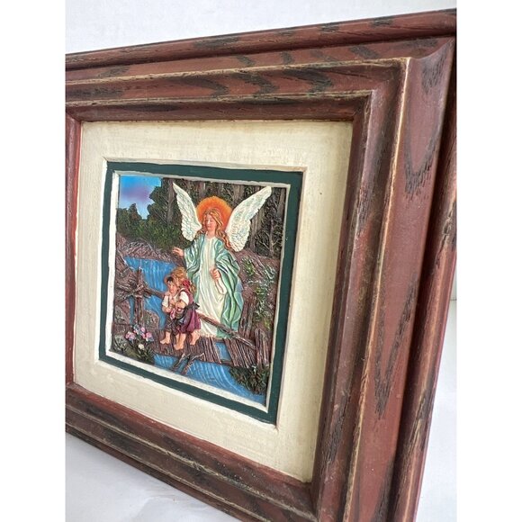 Vintage Guardian Angel 3-D Relief Art Children on Bridge 7"X7" GrannyCore Faith - Picture 3 of 8